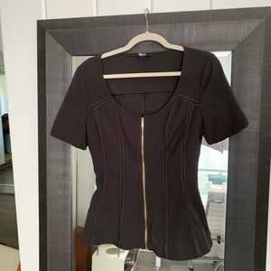 New Black short sleeves blouse with zipper will enhance your figure.
